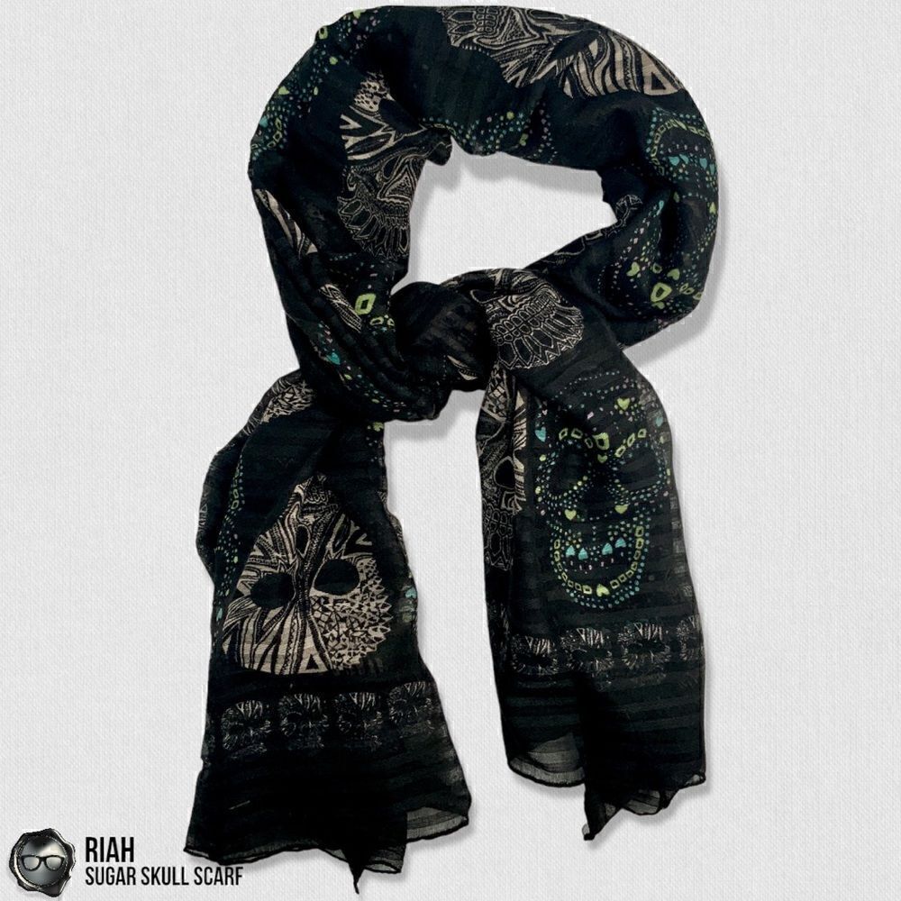 LIGHTWEIGHT GAUZY SUGAR SKULL PRINT SCARF WRAP SHAWL IN BLACK HALLOWEEN MUERTOS - Picture 12 of 12